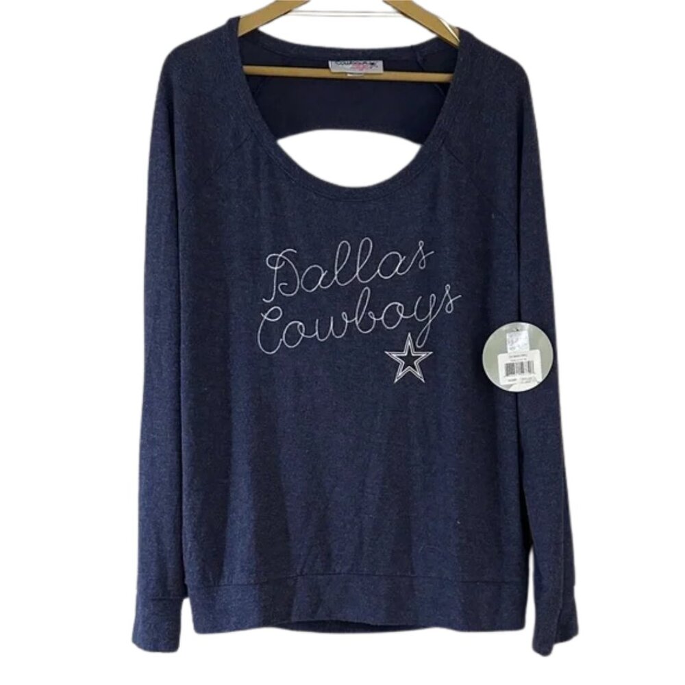 NWT Dallas Cowboys Women’s Soft Navy Scoop Neck Pullover – Open Back Fan Top
